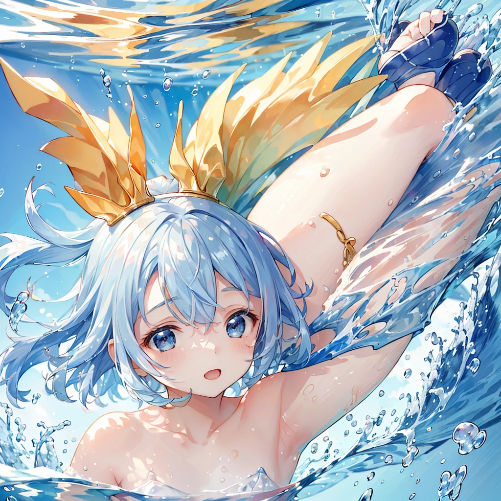 cirno,  girl water playing, little children.1),smile, exphosed chest and groin , no panties,Sunburn mark ,wet,dynamic water splash ,outdoor,blue sky, Squat, Leg spread, nsfw