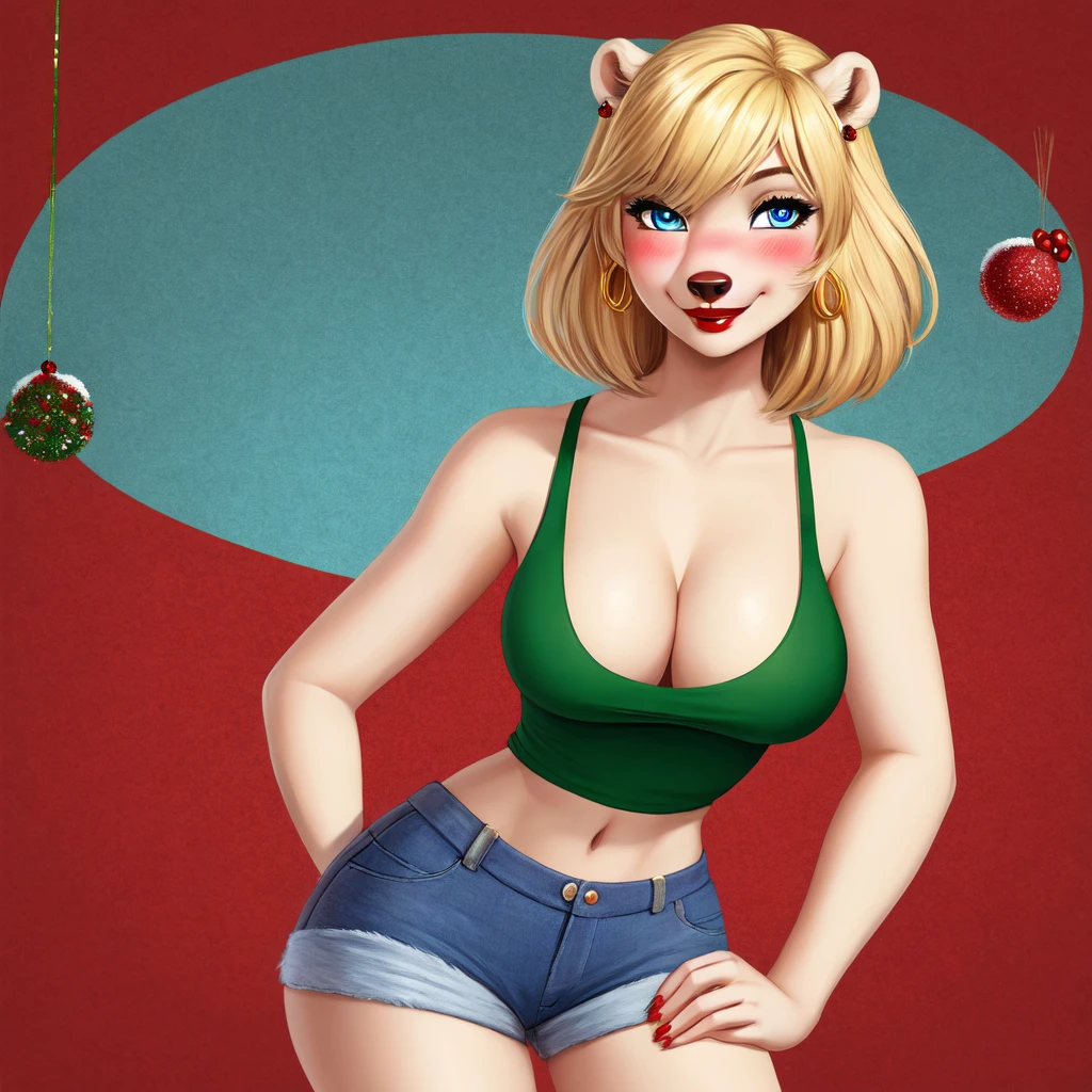 Blonde polar bear woman, wearing a Christmas tank top and jean shorts, perfect face, blue eyes, medium breasts, wide hips, slim waist, cleavage, three-quarter view, solo, smile, perfect detailed body, red lipstick, gold earring, hand on hips, blushing