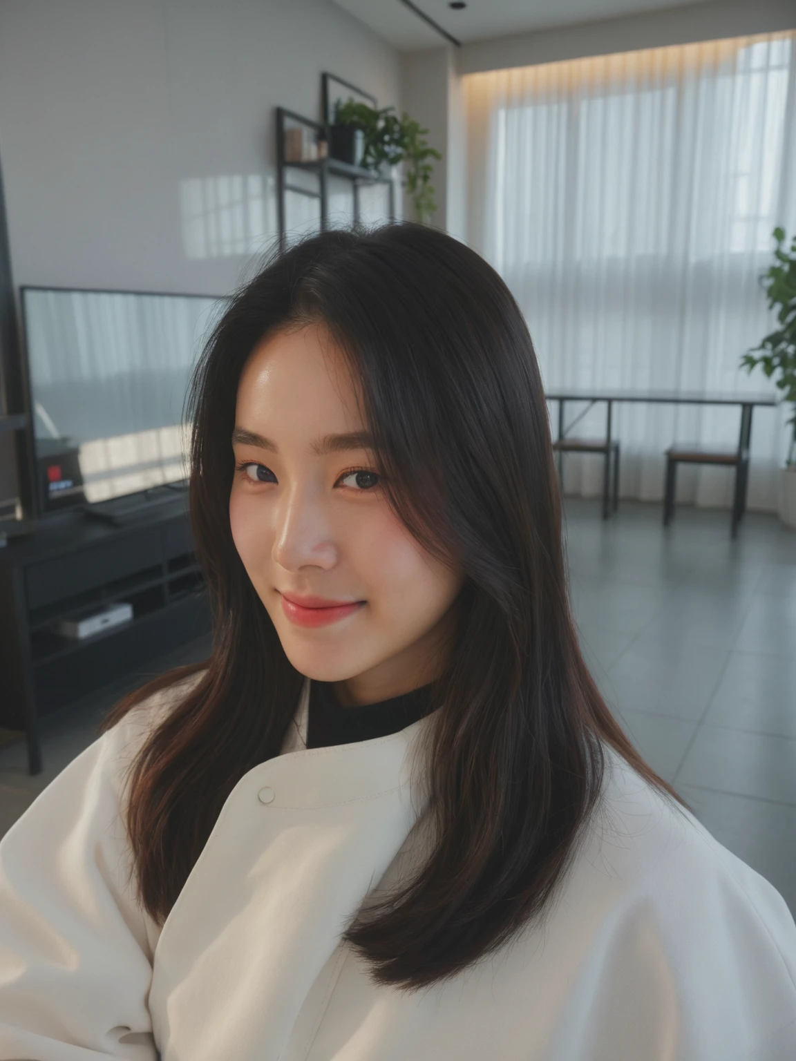 Best Quality, 8k, Masterpiece, (Portrait: 1.3), (photo realistic:1.4), (hyper realistic:1.4), Sharp Focus, looking at viewer, (smoother lighting:1.1), (increase cinematic lighting quality:0.9), realistic lighting, backlighting, light on face, ray trace, (brightening light:1.2), (Increase quality:1.4), sharp detail, (best quality real texture skin:1.4), finely detailed eyes, black_eyes, finely detailed face, 25 year old Korean woman,smiling_face