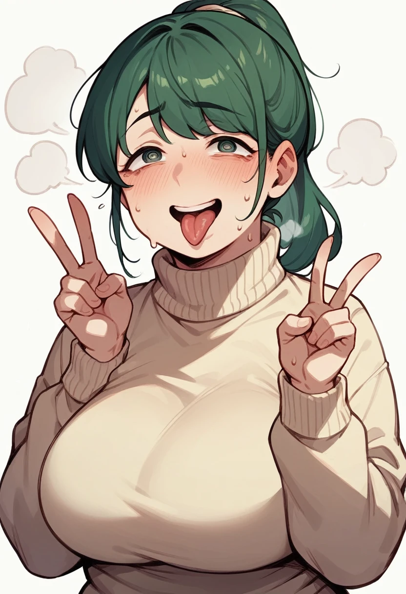Anime Screenshot, chubby, milf, shy, pudgy face, large round eyes, dark green hair, ponytail, sweater, peace signs, sticking tongue out of mouth, sweating, nervous smile, slightly open mouth, huffing breath