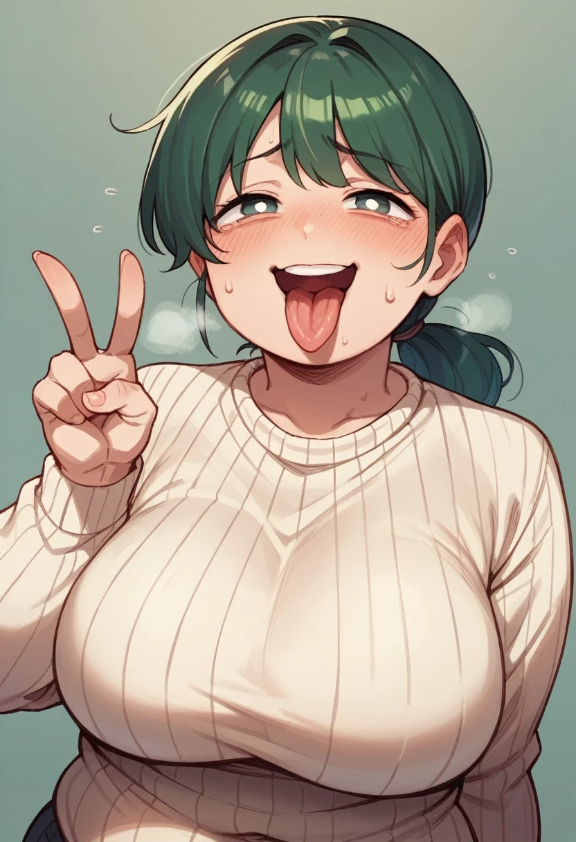 Anime Screenshot, chubby, milf, shy, pudgy face, large round eyes, dark green hair, ponytail, sweater, peace signs, sticking tongue out of mouth, sweating, nervous smile, slightly open mouth, huffing breath