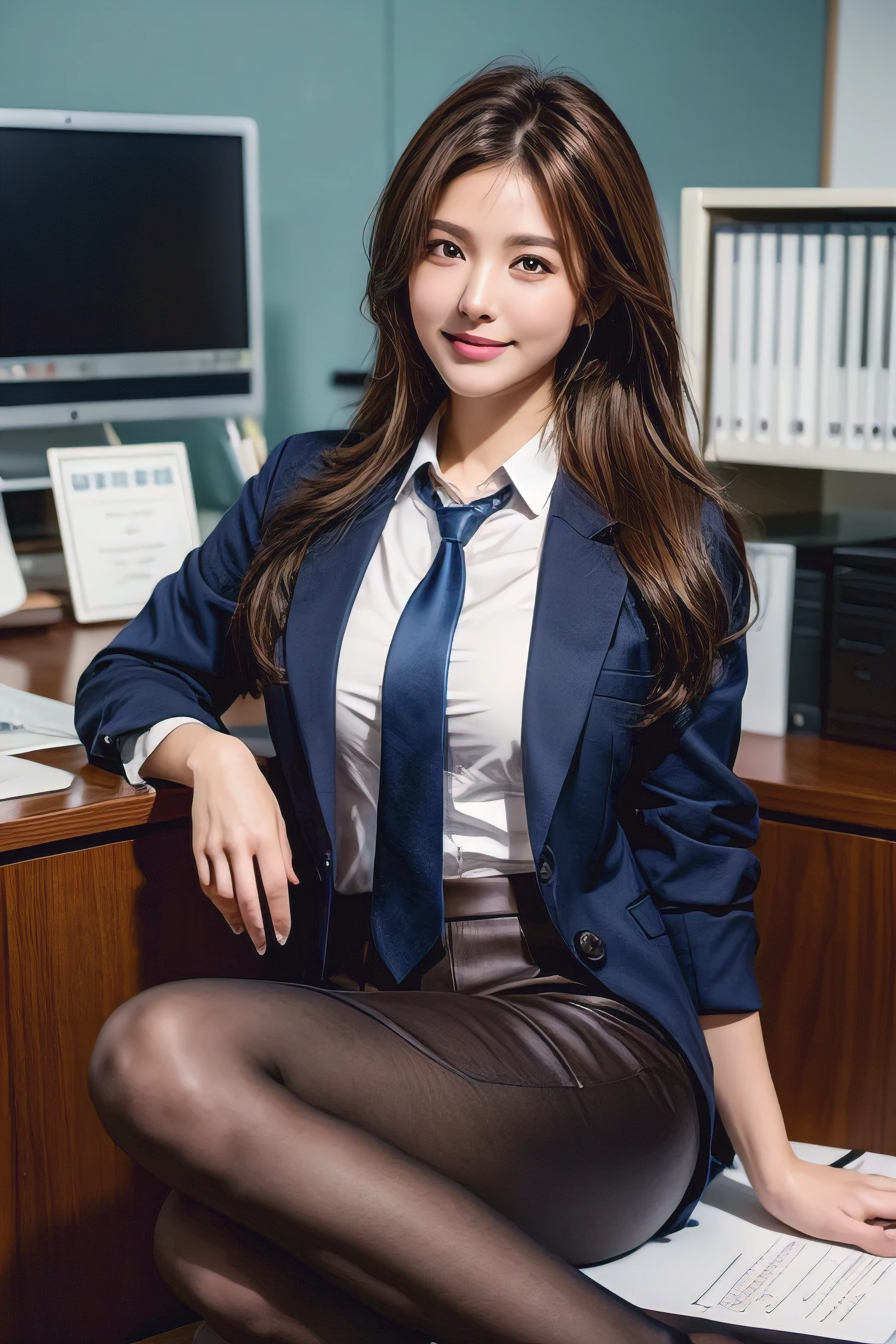 (Natural background), masterpiece, Highest quality, shape, Very detailed, finely, High resolution, 8k wallpaper, Perfect dynamic shape, Finely beautiful eyes, Medium chest, Natural color lip, Random pose, smile, ((office)), Beautiful women in their twenties, Full Body Shot, ((Extra long brown hair:1.2))、 ((working office uniform)), Thinking Ahead, Sit on a chair,Navy blue tie、