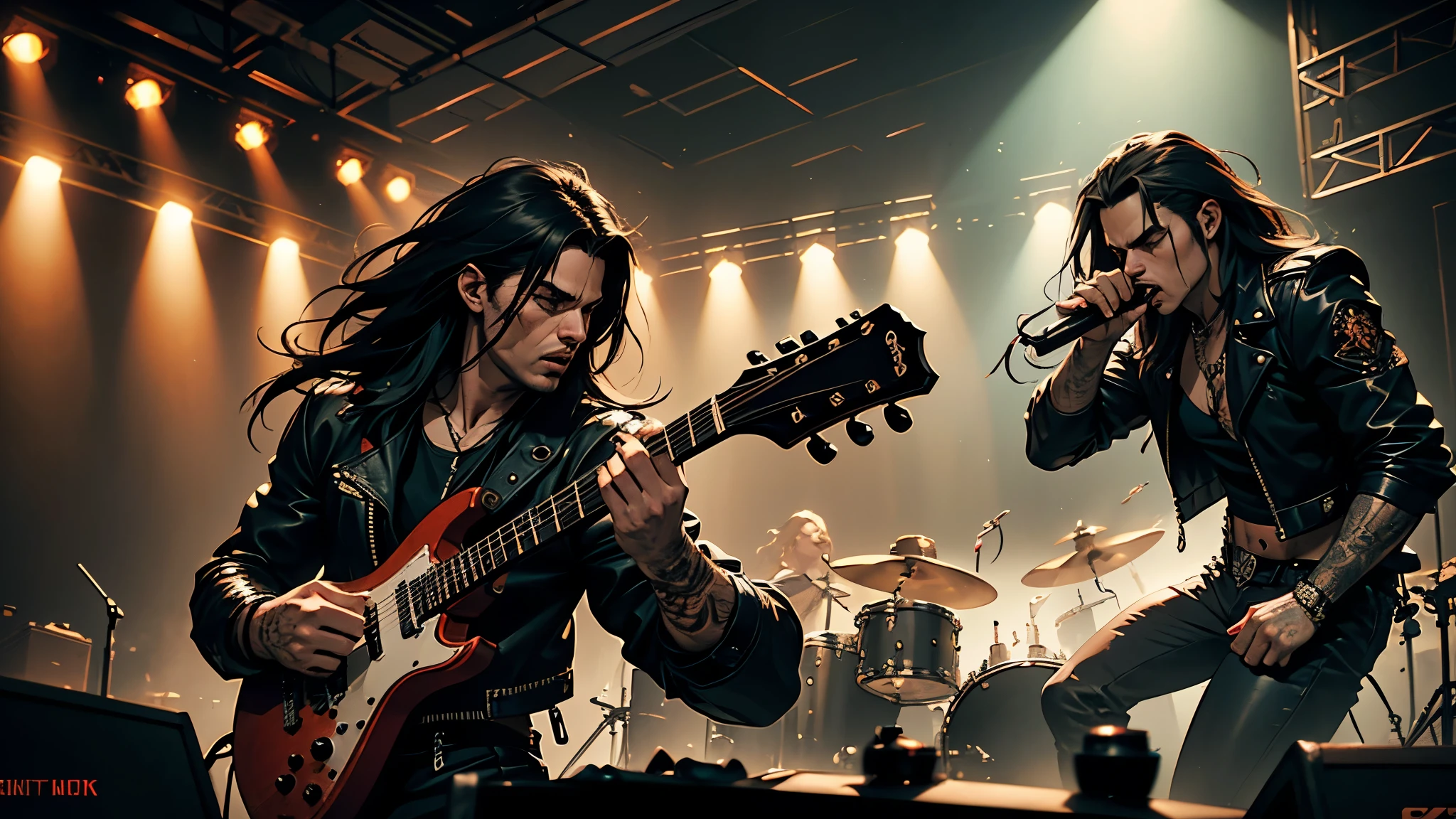 a heavy metal band performing on stage, gritty and intense, lead singer with long hair and leather jacket, guitarist shredding, drummer pounding the drums, dramatic fog and lighting, cinematic and high energy, dark and moody atmosphere, dynamic performance, intense guitar riffs, pounding drums, raw and powerful, masterful musicianship, (best quality,4k,8k,highres,masterpiece:1.2),ultra-detailed,(realistic,photorealistic,photo-realistic:1.37),cinematic lighting, dramatic shadows, hard rock, extreme metal, heavy metal concert, concert photography