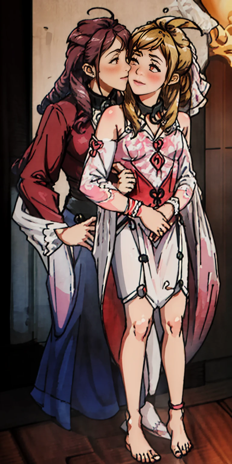Body position: Standing, straight, symmetrical, barefoot, Lustful smile on face with red blush, 2 girls who gets married and stands in front of many people, nsfw, kissing