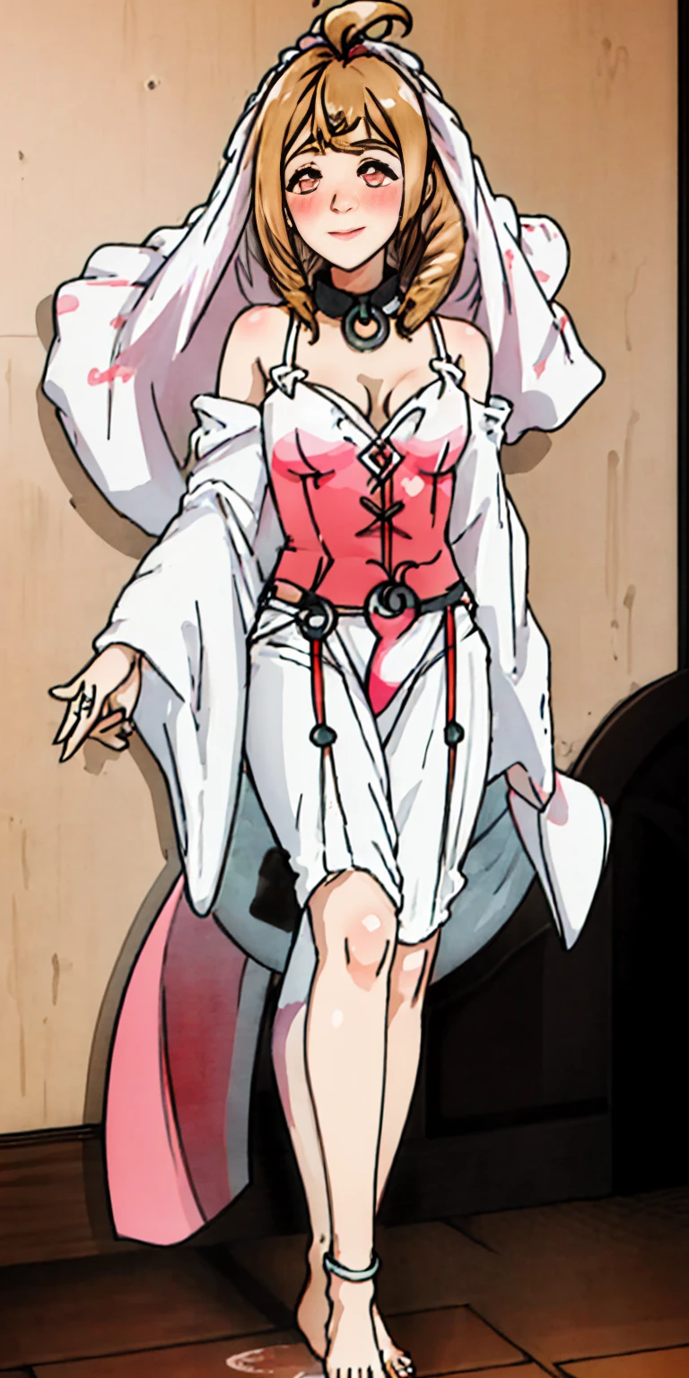 Body position: Standing, straight, symmetrical, barefoot, Lustful smile on face with red blush, 2 girls who gets married and stands in front of many people, nsfw, kissing