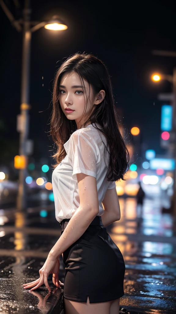 (RAW shooting, realistic:1.5, 8K, Highest quality, Masterpiece, Ultra high resolution), Perfect dynamic composition:1.2, Night street corner of modern city, expression of sadness:0.5, heavy rain:1.3, ผิวand faceที่มีรายละเอียดสูง:1.2, one Slim lady wet in the rain:1.3, white skin:1.2, perfect style:1.2, beautiful and beautiful:1.1, Very beautiful face:1.2, water droplets on the skin, and face:1.2, (rain drips all over my body:1.2, wet body:1.2, Wet hair:1.3, The black tight skirt was wet...:1.2, A wet white short-sleeved shirt:1.3), Brown suede belt:1.2, Black bra under white shirt:1.4, white sneakers, (cry, Heartbreak, The expression on your face when you touch hard., Facial expressions when feeling pleasure), (beautiful blue eyes, Eyes that give a feeling of elegance and beauty:0.8), (Too erotic:0.9, Fascinating:0.9), upper body, close up, rain, metal shirt buttons:1.2, metal plate buckle:1.3, at night:1.2, Thai University Uniform, at night:1.3, stand, rain foreground and background, standing