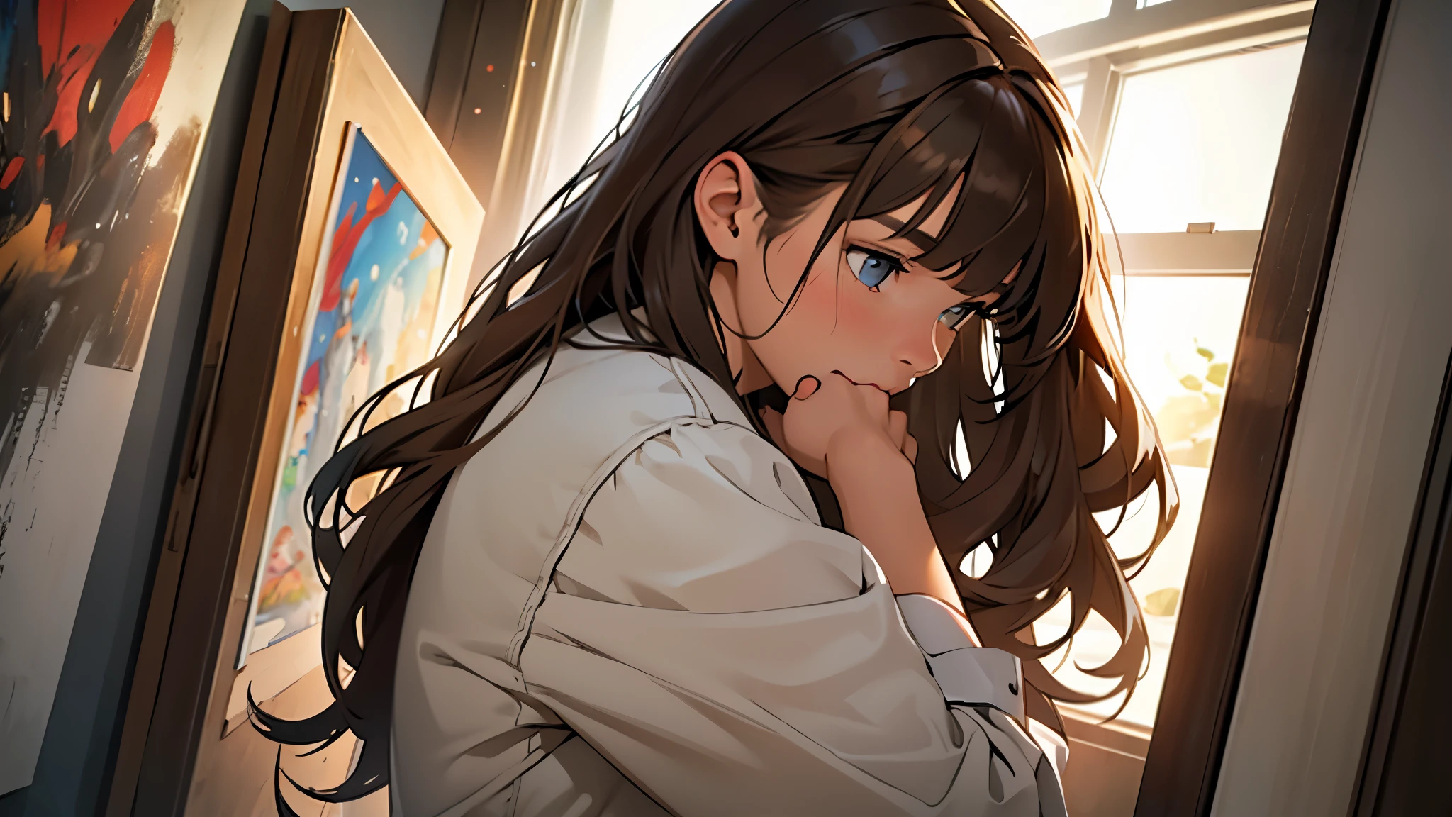 ((best quality)), ((work of art)), ((detailed)), young woman with long brown hair and bangs, in profile, looking down, with a shy and timid expression
