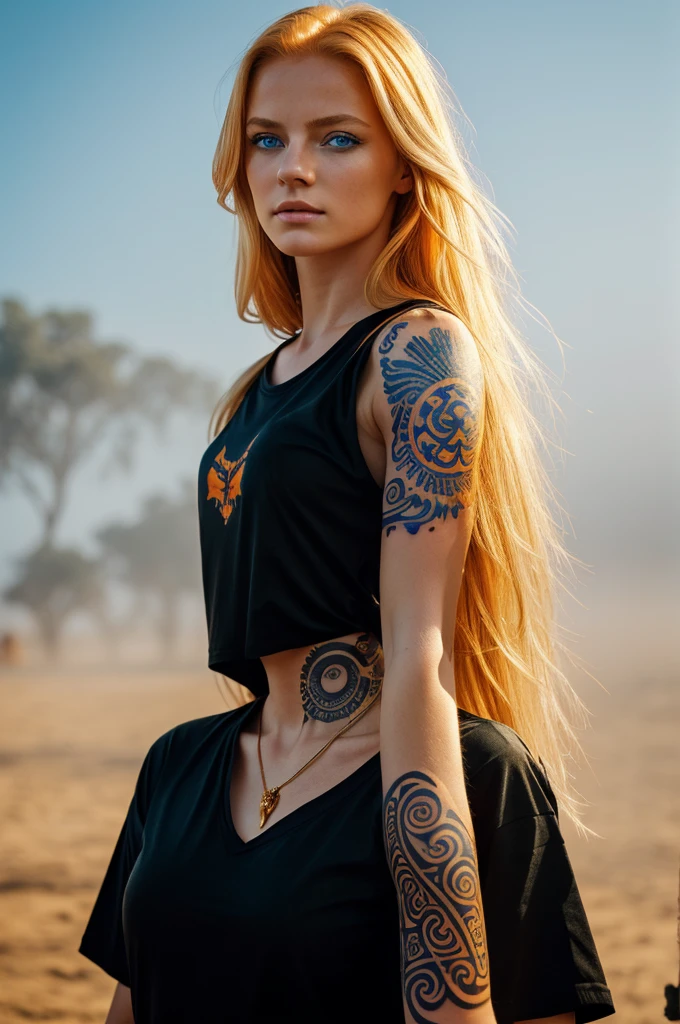 masterpiece, Cowboy shot, (1woman), (golden hairs), (Black tshirt:1.2), (beautiful blue eyes), (tribal tattoo on hands), White, Orange and Blue colors, Foggy background, Graceful pose, (looking at viewer), (front view), (from sky), (bokeh:1.2)
