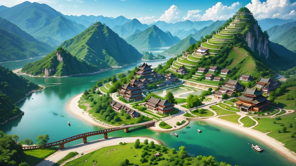Beautiful scenery of ancient Chinese village. Aerial view, Photorealistic photos, High definition.