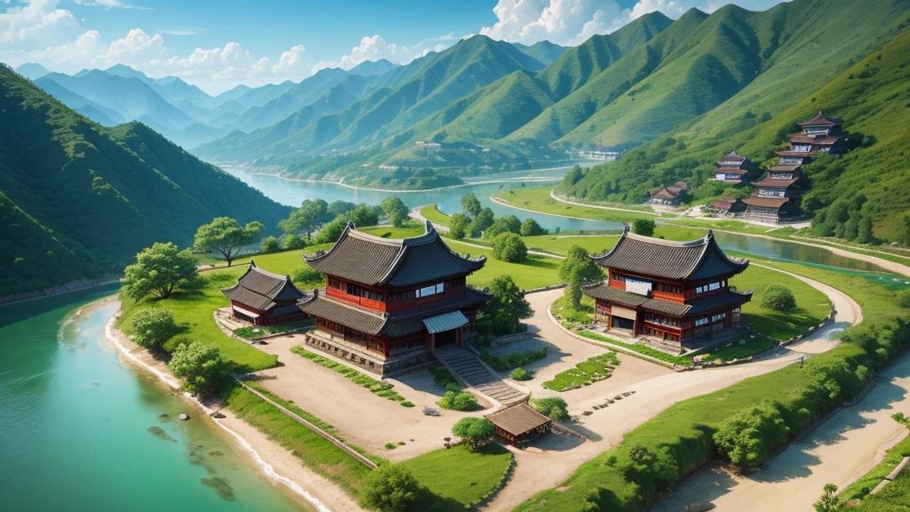 Beautiful scenery of ancient Chinese village. Aerial view, Photorealistic photos, High definition.