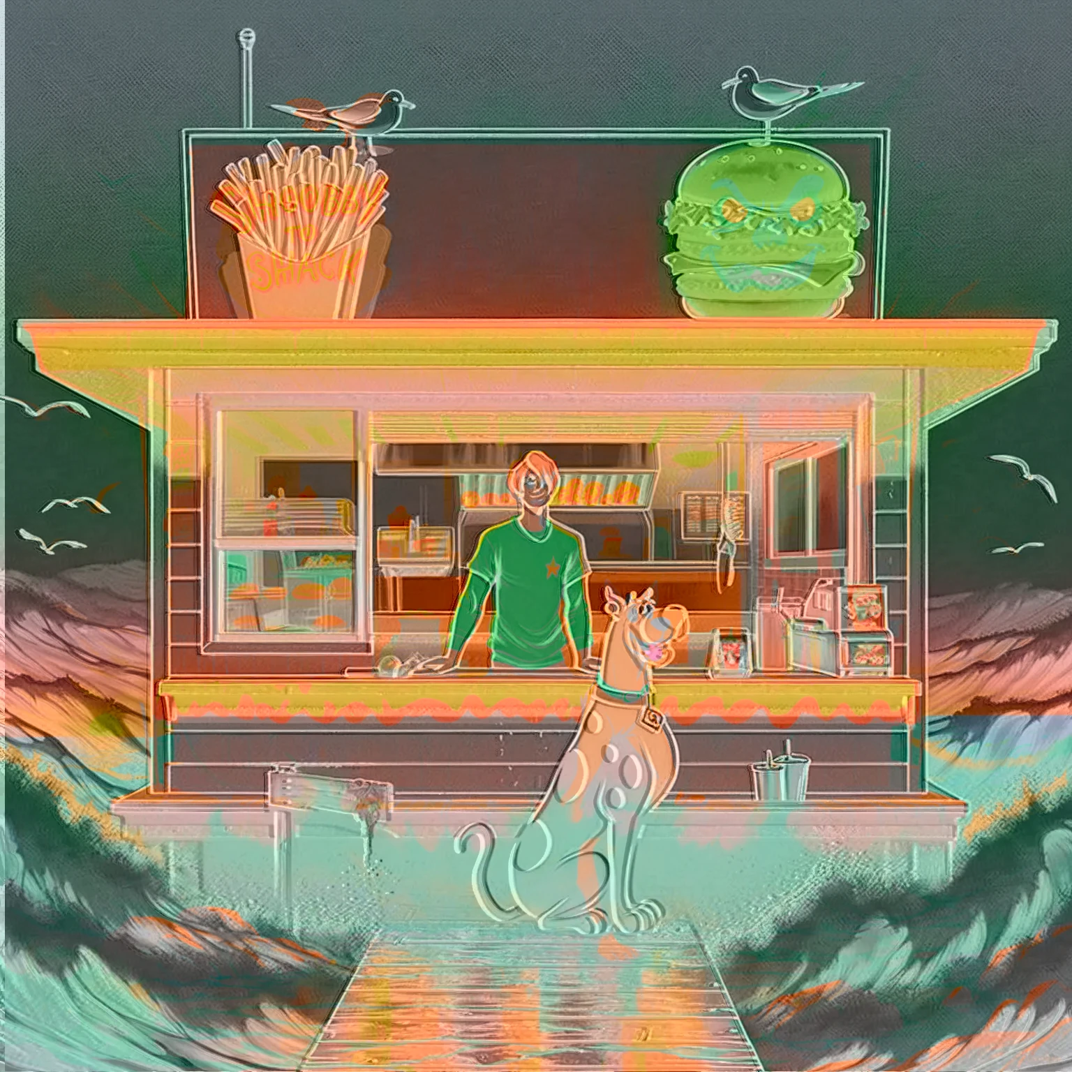no light source, overwhelming darkness, maximal abyss, Sunset, dim glow, neon, dazzling, warm dark rich coloring, Scooby Doo distinct to original cartoon, ocean front fast food shack, operated by Scooby Doo and Shaggy, waves, sea breeze, seagulls, The scene is minimal, serene, perfect, strange, candid, cinematic, surreal, and timeless. The hamburger grill is lost in space, standing against a blank canvas. The style is a mix of realism and cartoon, with 90s comic aesthetics, expressive ink work, cinematic compositions, and nuanced details. The style is reminiscent of Joelle Jones and 90's scooby doo animated tv show, shaggy wearing tropical green sweater, scooby doo distinct art style,
