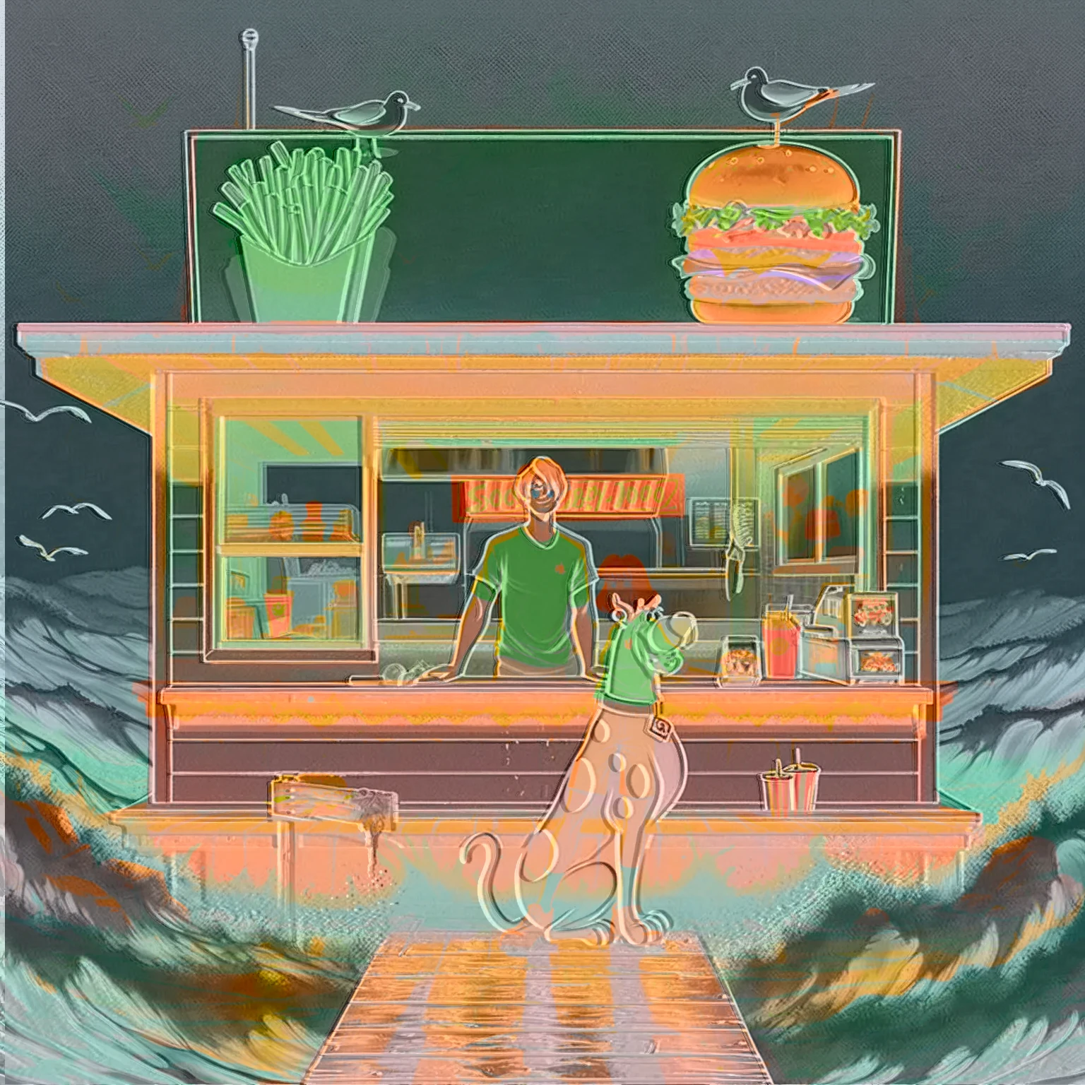 no light source, overwhelming darkness, maximal abyss, Sunset, dim glow, neon, dazzling, warm dark rich coloring, Scooby Doo distinct to original cartoon, ocean front fast food shack, operated by Scooby Doo and Shaggy, waves, sea breeze, seagulls, The scene is minimal, serene, perfect, strange, candid, cinematic, surreal, and timeless. The hamburger grill is lost in space, standing against a blank canvas. The style is a mix of realism and cartoon, with 90s comic aesthetics, expressive ink work, cinematic compositions, and nuanced details. The style is reminiscent of Joelle Jones and 90's scooby doo animated tv show, shaggy wearing tropical green sweater, scooby doo distinct art style,