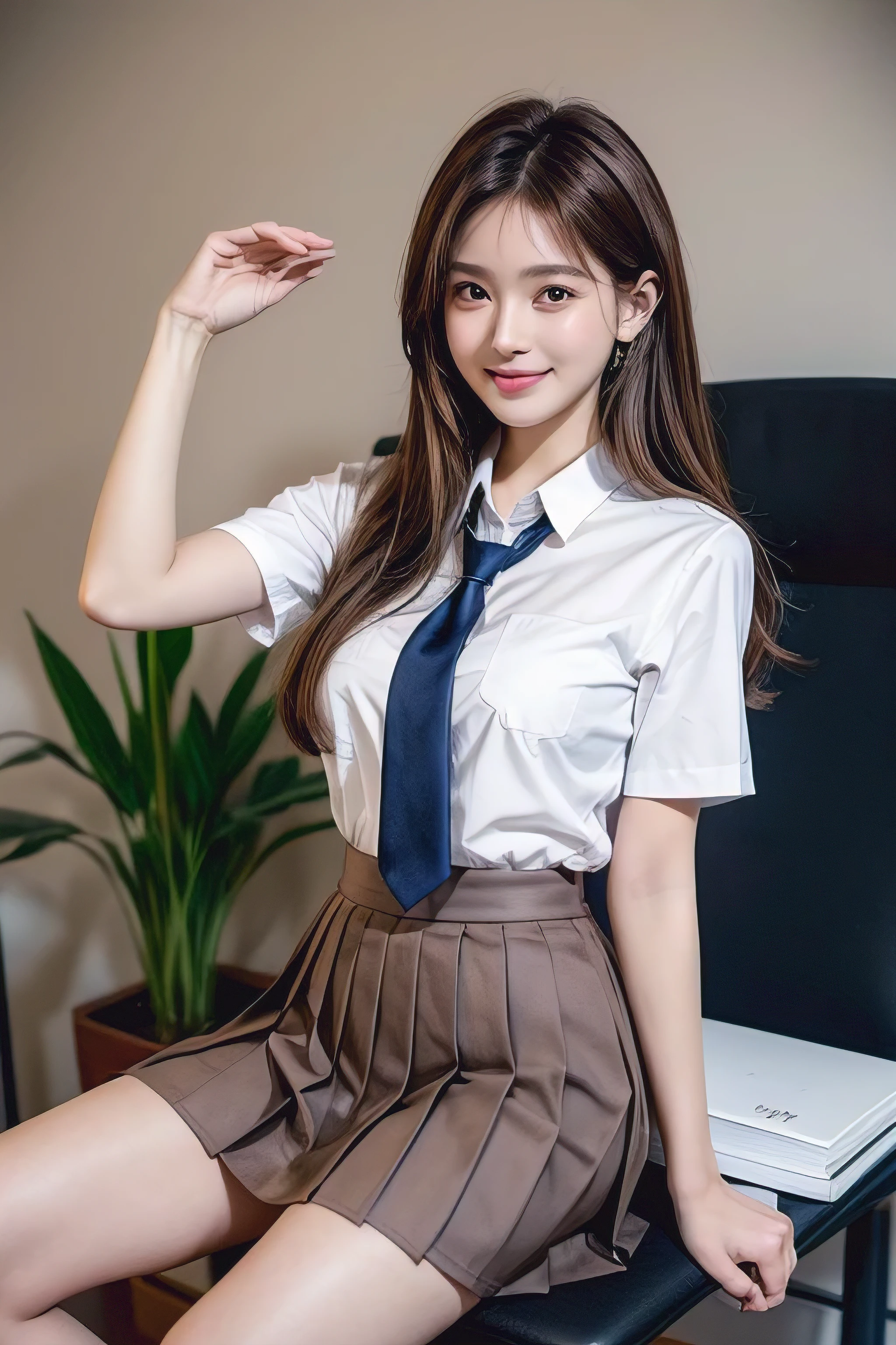 (Natural background), masterpiece, Highest quality, shape, Very detailed, finely, High resolution, 8k wallpaper, Perfect dynamic shape, Finely beautiful eyes, Medium chest, Natural color lip, Random pose, smile, ((office)), Beautiful women in their twenties, Full Body Shot, ((Extra long brown hair:1.2))、 ((working office uniform)), ((White ultra-mini pleated skirt)), Sit on a chair,Navy blue tie、