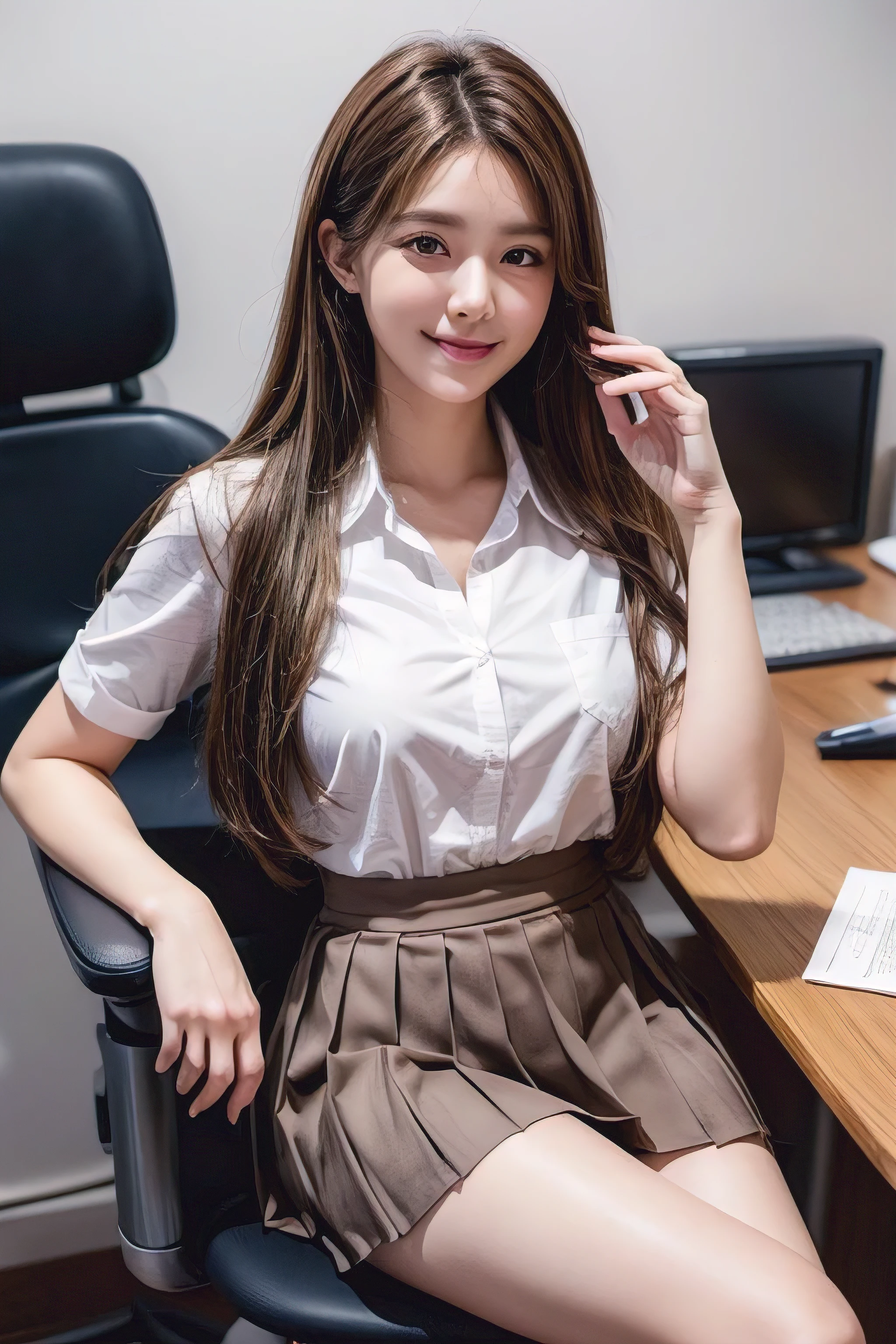 (Natural background), masterpiece, Highest quality, shape, Very detailed, finely, High resolution, 8k wallpaper, Perfect dynamic shape, Finely beautiful eyes, Medium chest, Natural color lip, Random pose, smile, ((office)), Beautiful women in their twenties, Full Body Shot, ((Extra long brown hair:1.2))、 ((working office uniform)), ((White ultra-mini pleated skirt)), Sit on a chair,Navy blue tie、