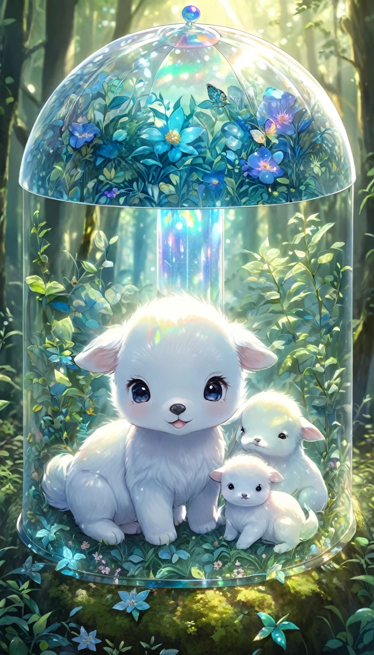 Seed 2950548102　かわいいBaby Animals, Baby Animals, cute Baby Animals, Baby Animals taking shelter, Transparent iridescent dome, Semi-transparent iridescent dome, Iridescent blue dome, Open Forest, detailed, incredibly detailed, absurdly detailed, dynamic, delicate, high quality, 最high quality, 16K, Ultra-high resolution