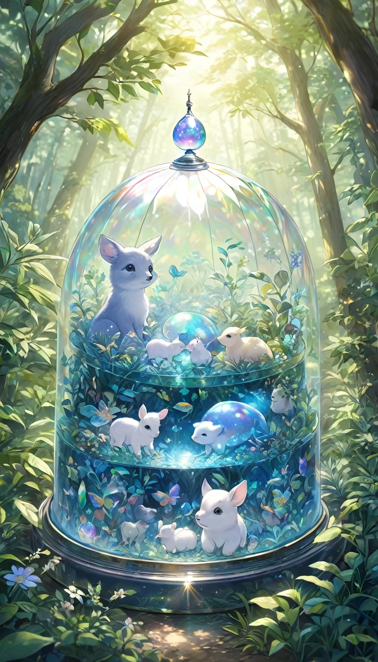 Seed 2950548102　かわいいBaby Animals,  Animals, cute Babymals, Baby Ani taking shelter, Transparent iridescent dome, Semi-transparent iridescent dome, Iridescent blue dome, Open Forest, detailed, incredibly detailed, absurdly detailed, dynamic, delicate, high quality, 最high quality, 16K, Ultra-high resolution