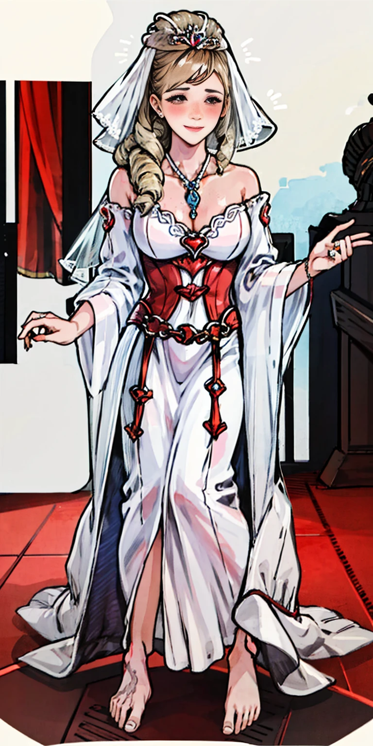 Body position: Standing, straight, symmetrical, barefoot, Lustful smile on face with red blush, 2 girls who gets married and stands in front of many people, nsfw, kissing