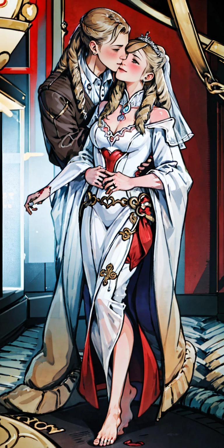 Body position: Standing, straight, symmetrical, barefoot, Lustful smile on face with red blush, 2 girls who gets married and stands in front of many people, nsfw, kissing