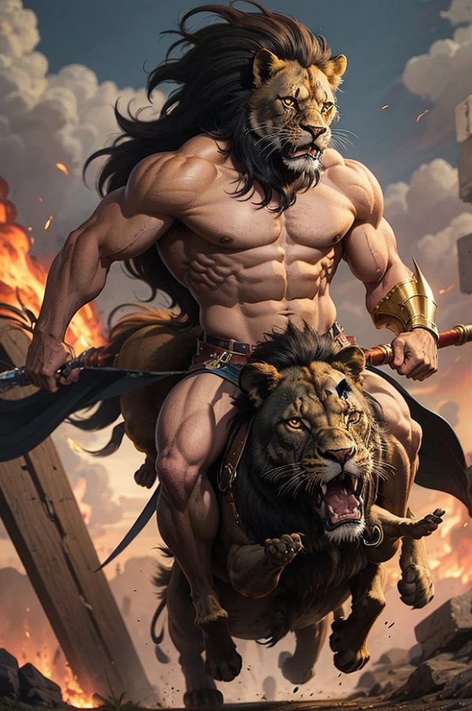 black man riding a lion, wearing bronze armor, battle pose, holding sword and shield, exuberant muscles, masterpiece