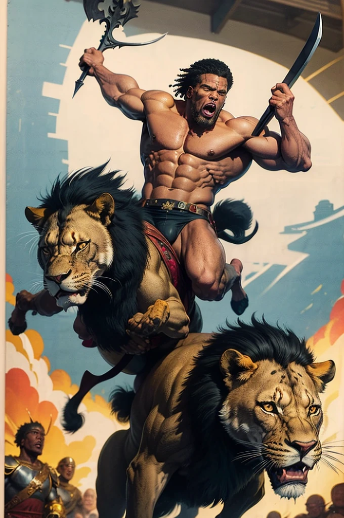 black man riding a lion, wearing bronze armor, battle pose, holding sword and shield, exuberant muscles, ​masterpiece