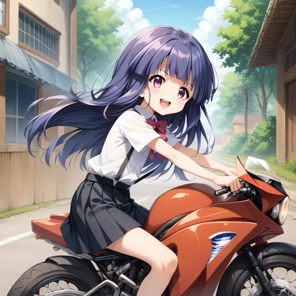 score_9, score_8_up, score_7_up, score_6_up, source_anime,,,,1girl, solo, furude rika, (tween:1), kawaii, blue hair, purple eyes, long hair, blunt bangs, bangs, bow, skirt, shirt, suspenders, smile, short sleeves, pleated skirt, white shirt, open mouth, red bow, ^_^, suspender skirt, , black skirt, collared shirt, blush, bowtie, blunt bangs, dress shirtt, , anime coloring.serious,(a girl riding a motorcycle at full speed:1.5),(from side,side view),Dutchangle,,(serious expression:1.5)、Gripping the handlebars