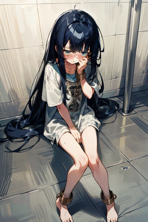 messy black long hair girl around  , her eyes are hidden Her clothes are like rags, and his hands and feet are shackled. she's in jail again the girl is crying The girl is very thin. 
high quality images