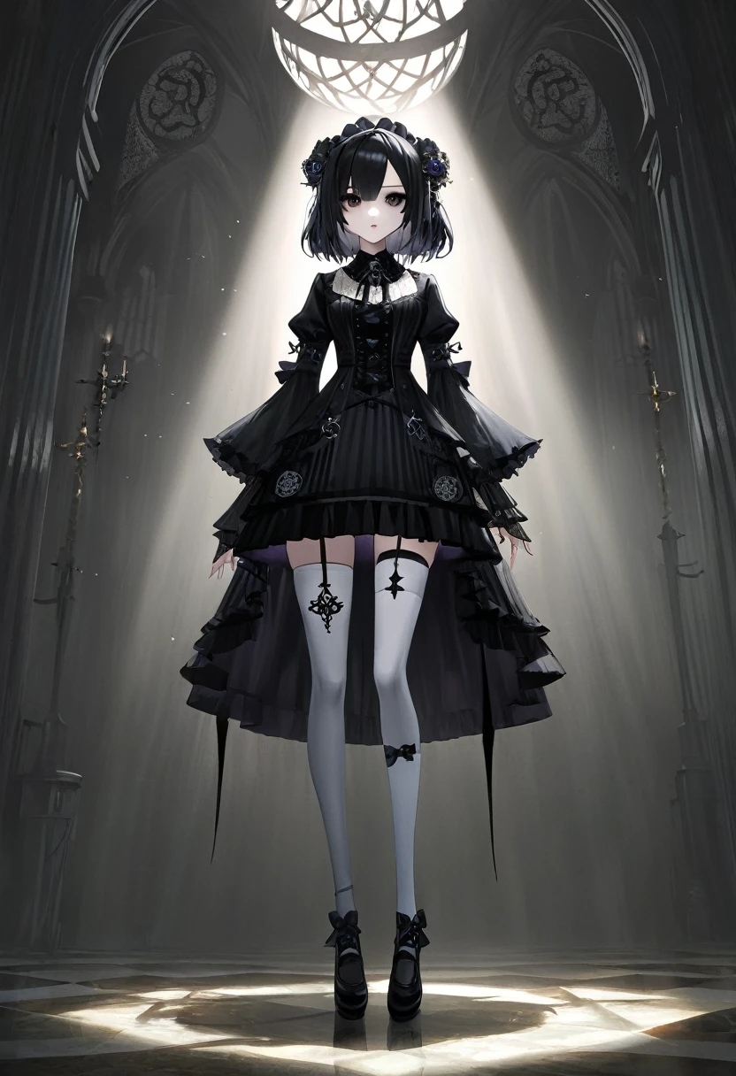 Masterpiece, absurdness, cinematic backlight, high detailed, black hair, gothic lolita, full body, standing, white thighhighs,