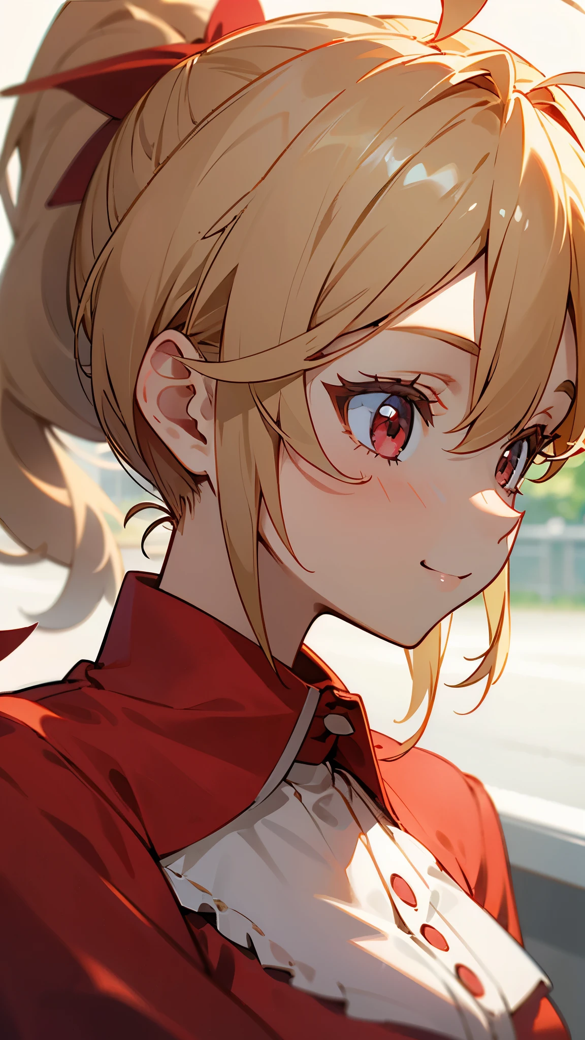 １girl、blonde、ponytail、Round red eyes、Ahoge、red blouse shirt、smile、profile、Face close-up、Morning Cafe Terrace、Background blur, Written boundary depth