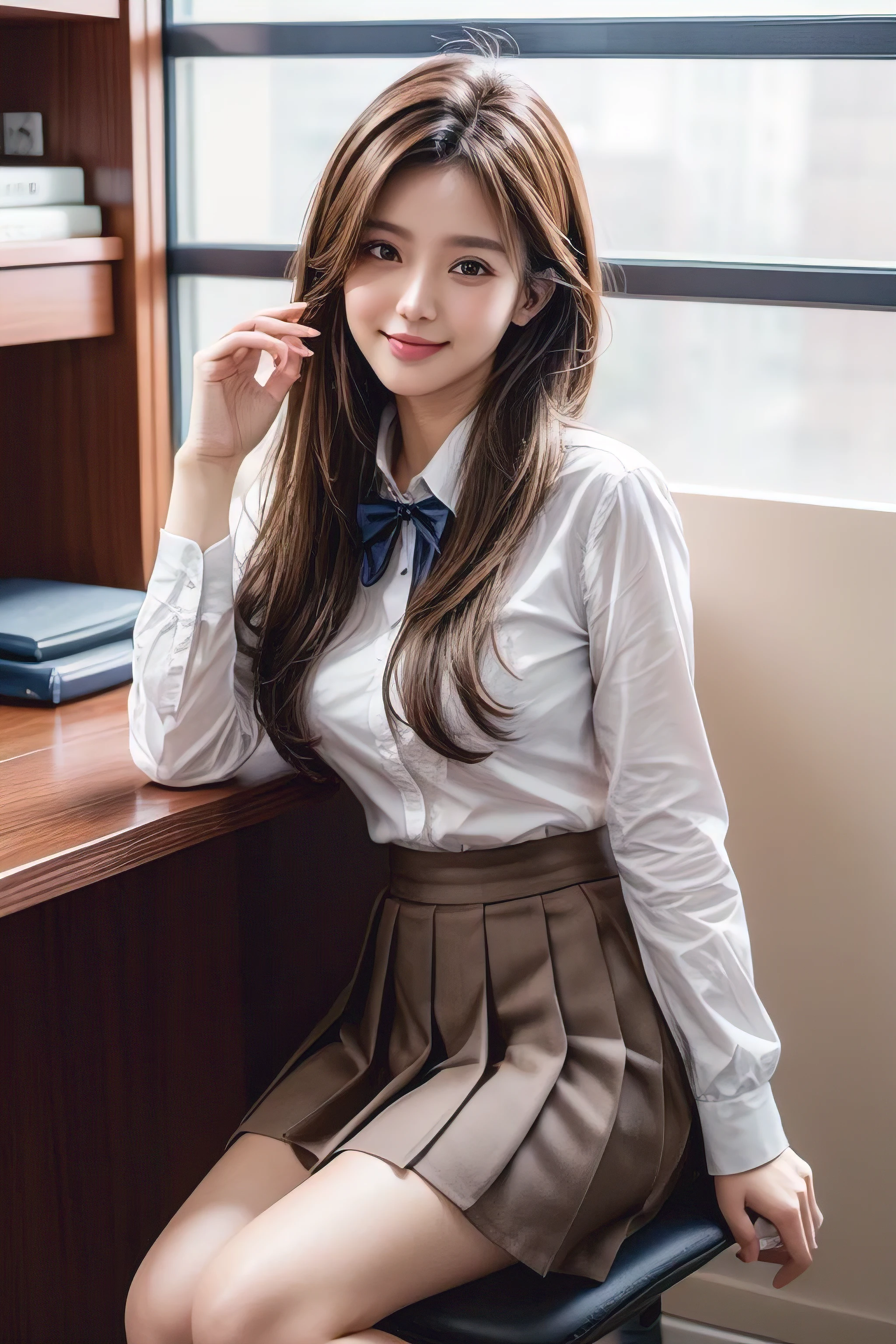 (Natural background), masterpiece, Highest quality, shape, Very detailed, finely, High resolution, 8k wallpaper, Perfect dynamic shape, Finely beautiful eyes, Medium chest, Natural color lip, Random pose, smile, ((office)), Beautiful women in their twenties, Full Body Shot, ((Extra long brown hair:1.2))、 ((working office uniform)), ((White ultra-mini pleated skirt)), Sit on a chair,Navy blue tie、