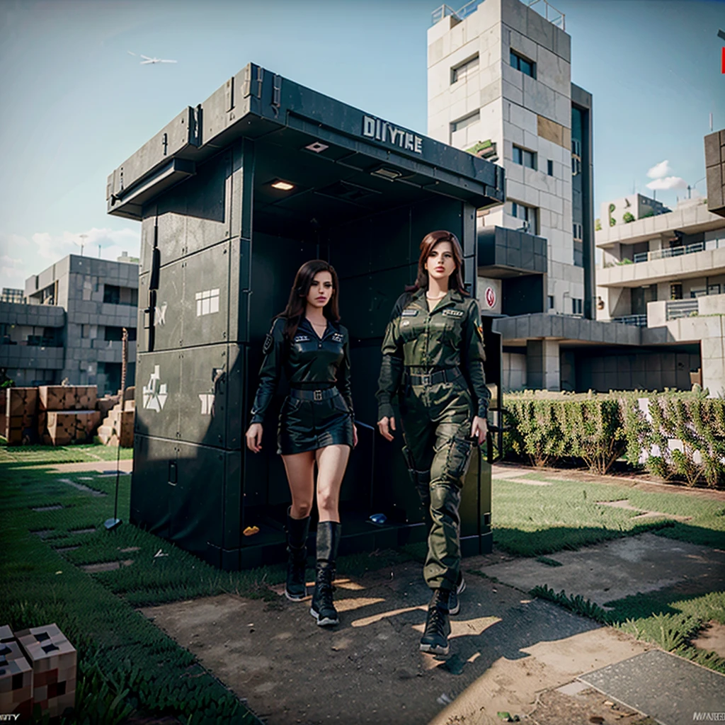 a photo-realistic video game crossover, and lana del rey in a playground with call of duty military gear, minecraft blocks and elements, y el juego mobile legends characters, highly detailed, cinematic lighting, vibrant colors, epic composition