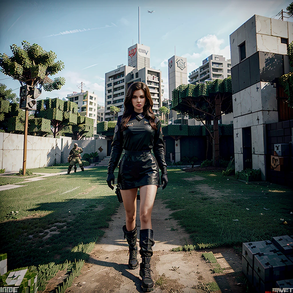 a photo-realistic video game crossover, and lana del rey in a playground with call of duty military gear, minecraft blocks and elements, y el juego mobile legends characters, highly detailed, cinematic lighting, vibrant colors, epic composition