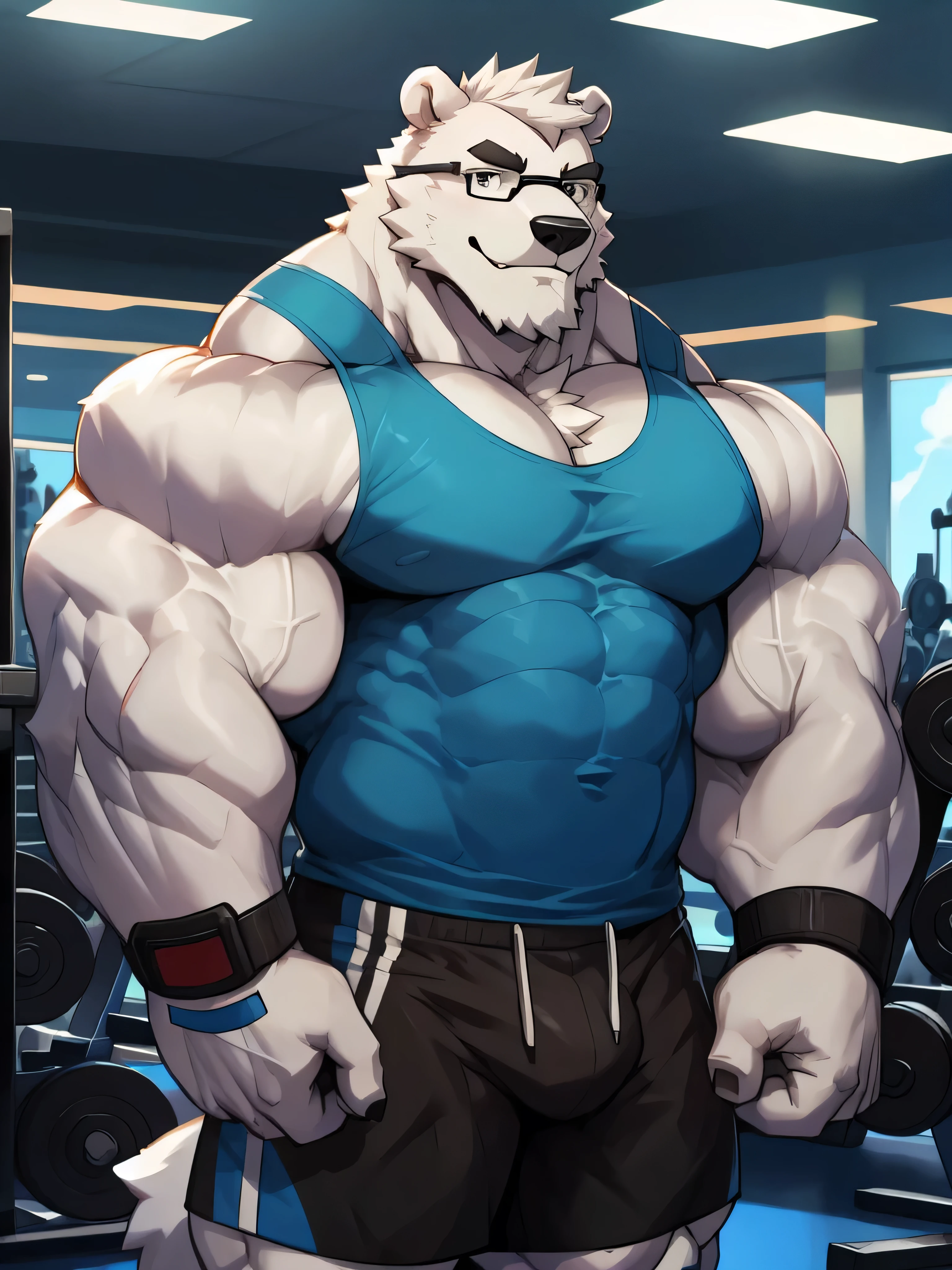 solo, 1boy, Huge Muscular White Polar Bear wearing glasses, huge white fur, pectoral, huge pectoral, wide pectoral, short white hair, blue colored short pants, blue colored wristbands and blue colored tank top, white bearded, white Mustache, white fur, black eyebrows, gym fitness center background, masterpiece, high detailed, 8k, high resolution, at the gym, flexes huge thorax, looking at the viewer, acting all hunk