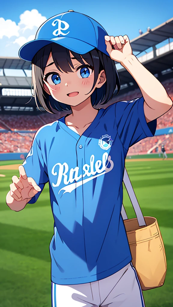 Midsummer Stadium Baseball Black Hair Girl。He is wearing a light blue baseball shirt with a summery blue and white look.、Baseball Cap、Vision、Visionのスタジアム、