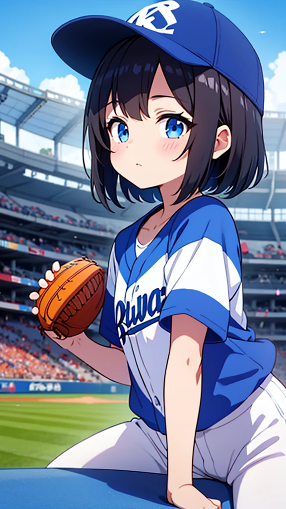 Midsummer Stadium Baseball Black Hair Girl。He is wearing a light blue baseball shirt with a summery blue and white look.、Baseball Cap、Vision、Visionのスタジアム、