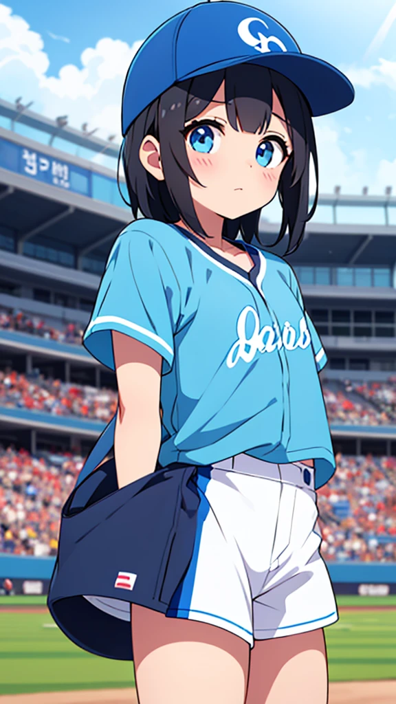 (masterpiece, best quality:1.37), highres, ultra-detailed, ultra-sharp, BREAK, Japanese school girl model, 1girl, (beautiful anime face, cute face, detailed face), (black hair, short hair, bangs), blue eyes, jewelry, earrings, piercing, BREAK, ((detailed baseball costume:1.5), (detailed blue white baseball shirts:1.3 and pants:1.3)), lovely look, detailed clothes), light smile, closed mouth, parted lips, pink lipstick, BREAK, throwing the ball, dynamic pose, full body, detailed human hands, HDTV:1.2, ((detailed baseball stadium view background:1.3)), 8 life size, slender, anime style, anime style school girl, perfect anatomy, perfect proportion, inspiration from Kyoto animation and A-1 picture, late evening, excellent lighting, bright colors, clean lines, photorealistic