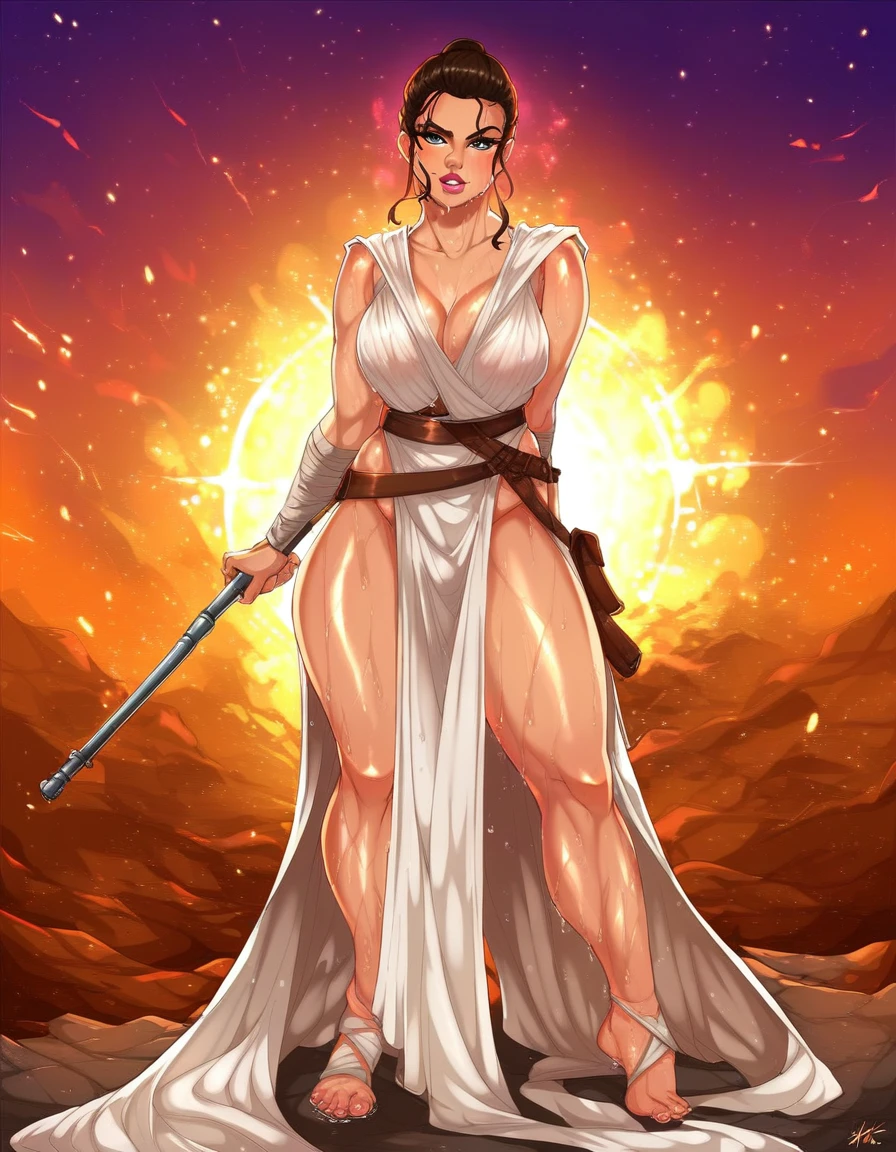 score_9, score_8_up, score_7_up, score_6_up, source_cartoon, Rey Skywalker, white tunic, large breasts, pelvic curtain, full body, sweaty, wet, vivid lips, front view, 