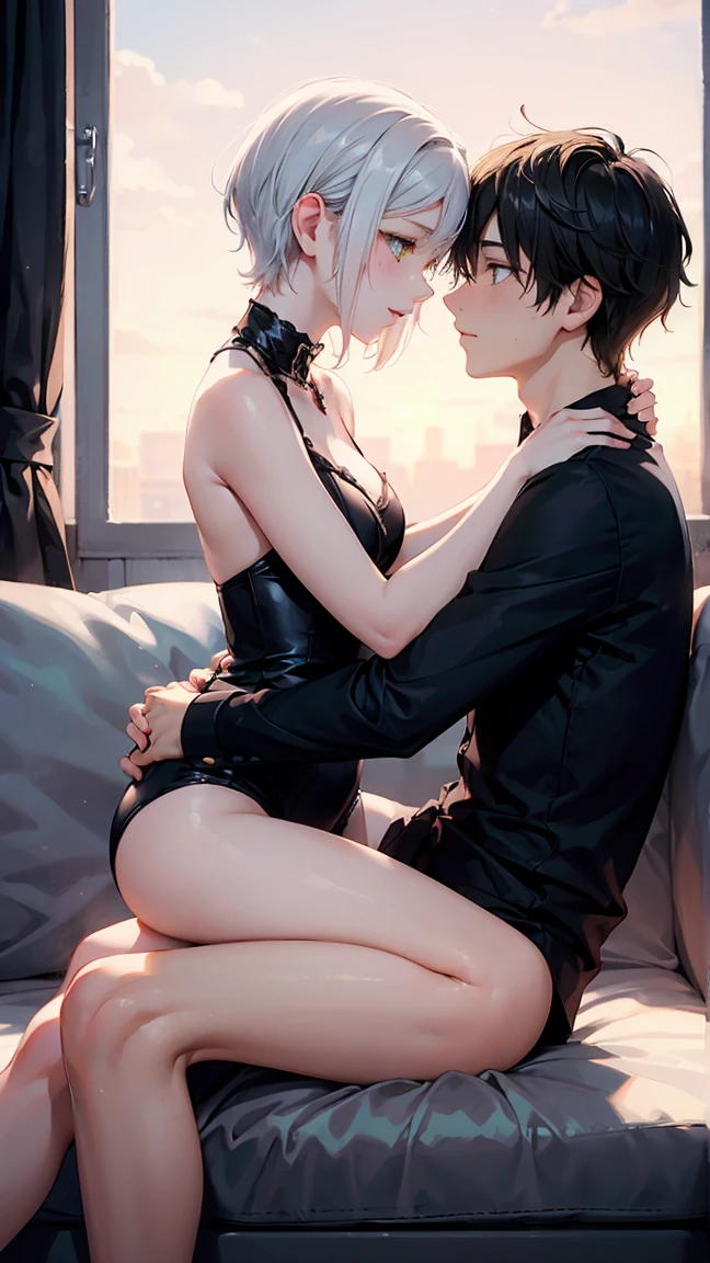 Create a sex scene between a young couple, focusing on emotional connection and mutual affection. The 16 year old young woman with short white hair, yellow eyes, completely naked. Sitting on the 16 year old boy's penis, with yellow hair and blue eyes.