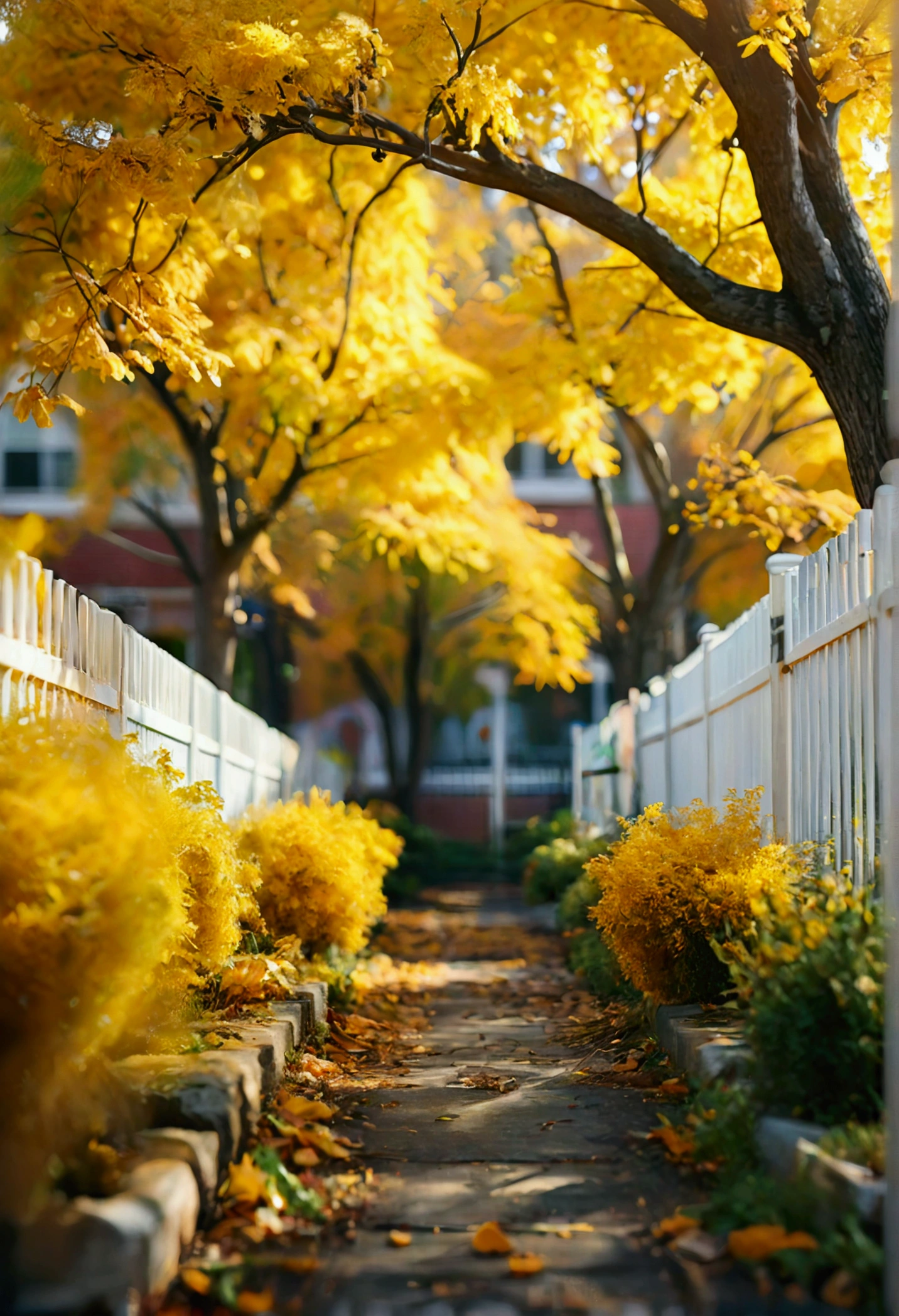 blurred background image, schoolyard, background, trees, yellow school, white picket fences, background ultra realism, realism, 4k
