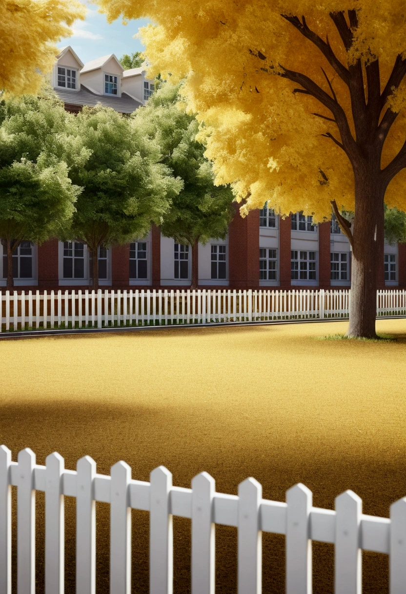 blurred background image, schoolyard, background, trees, yellow school, white picket fences, background ultra realism, realism, 4k