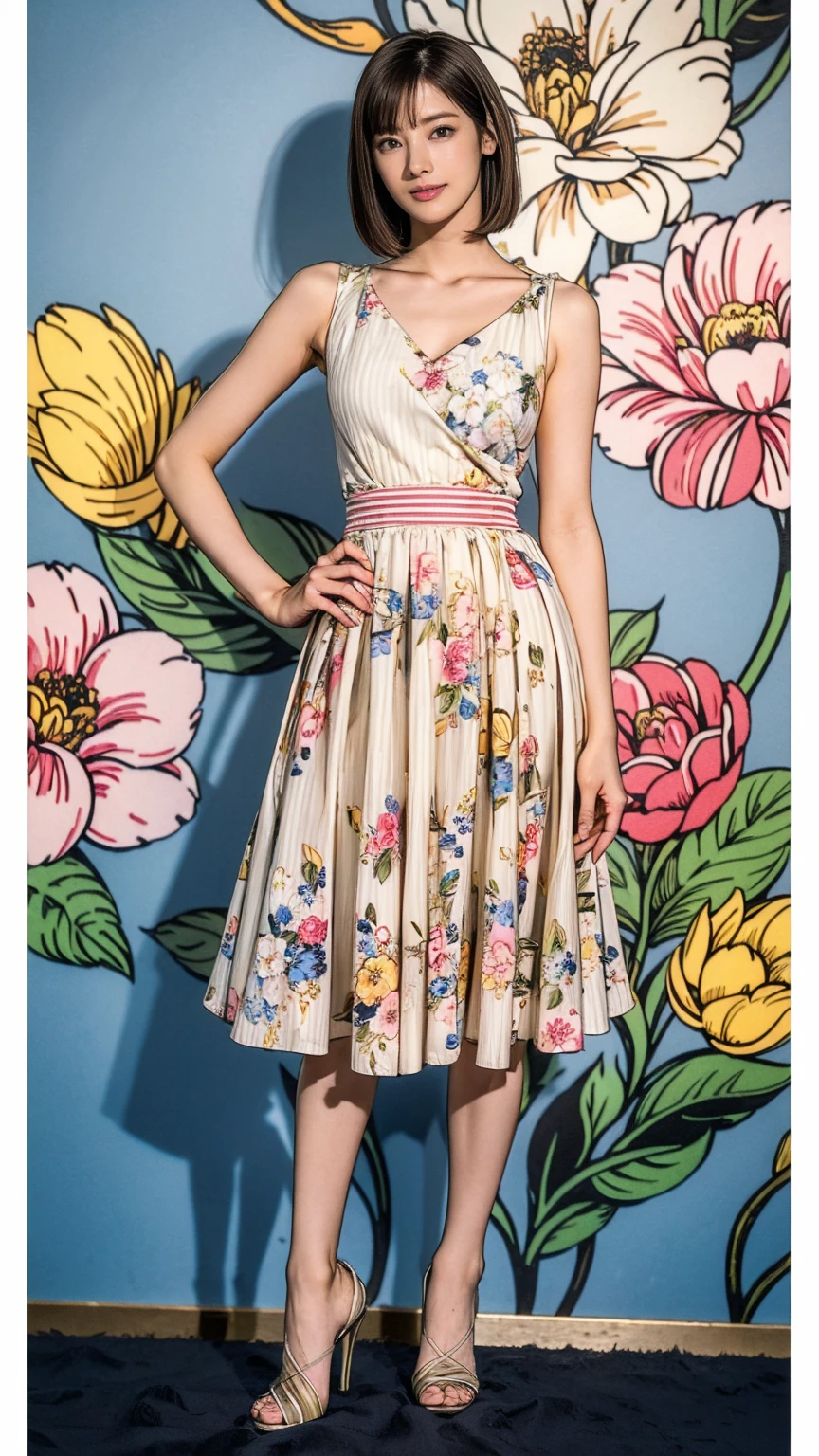 ((masterpiece)),(((Highest quality))),Thin thighs,Long legs,whole body:1.5，(One Girl:1.3),(Black high heels：1.3),(Wearing a floral striped mid-long flared skirt dress:1.2),Short blonde hair:1.2、Model pose standing with legs apart:1.5，Bright expression:1.5