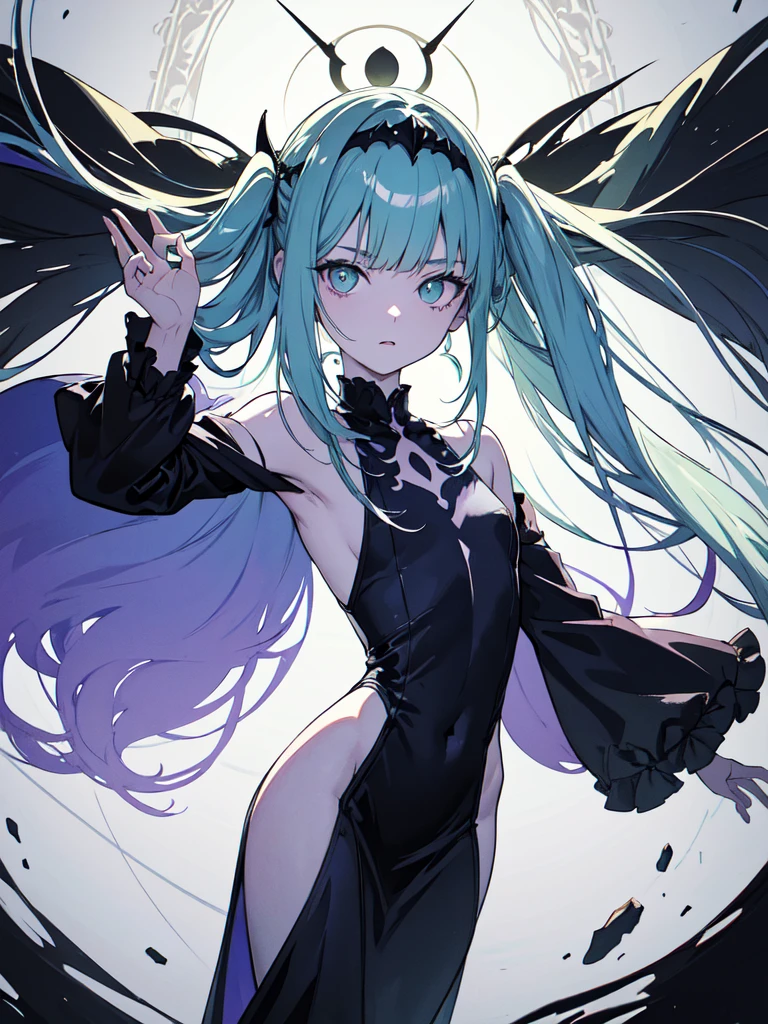 The upper body is Hatsune Miku，The lower body is a large spider，blue  hair，Eight red eyes,,{{Best quality}}, {{Masterpiece}}, {{Ultra-detailed}}, {illustration}, {Detailed light}, {An extremely delicate and beautiful}Messy floating hair, Colored inner hair, Starry sky adorns hair, depth of fields,，Largest breasts，The head has three horns,There are five-color lines on the body，Black sclera，Highly detailed, High quality, Masterpiece, Long hair, Execution, teeth, Horror (Theme), Smile, Sharp teeth, Glowing, Dark, Blood, The longest tongue, grin, Glowing eyes, Evil smile，The lower body has only eight spider legs，There are spines in the spine，Stick out your tongue，There are red glowing square gemstones and square sapphires on the chest，The sharpest claws，Eight hands，holding a scythe，Venom is spread throughout the body，red colored skin｛meticuloso｝，There is an eye in the palm of the hand，The spine has raised spines，The arm turned into a snake，There are bone spurs on the tail，Lamia, scutes,Human sharks, maid, Fins, Underwater, full bodyesbian, navel, Original Character, voluminetric lighting, Best shadows, Shallow depth of field, stunningly beautiful girl, Petite, Delicate Beautiful Attractive Face，harpy, feater,