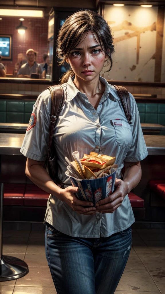 a middle-aged fast food restaurant employee, dropping the plates he was carrying, highly detailed, photorealistic, 8k, best quality, intricate details, vivid colors, dramatic lighting, realistic textures, impactful composition, emotional expression, surprised facial expression, dropping plates, fast food restaurant interior, greasy floor, chaotic scene, motion blur, dramatic shadow effects