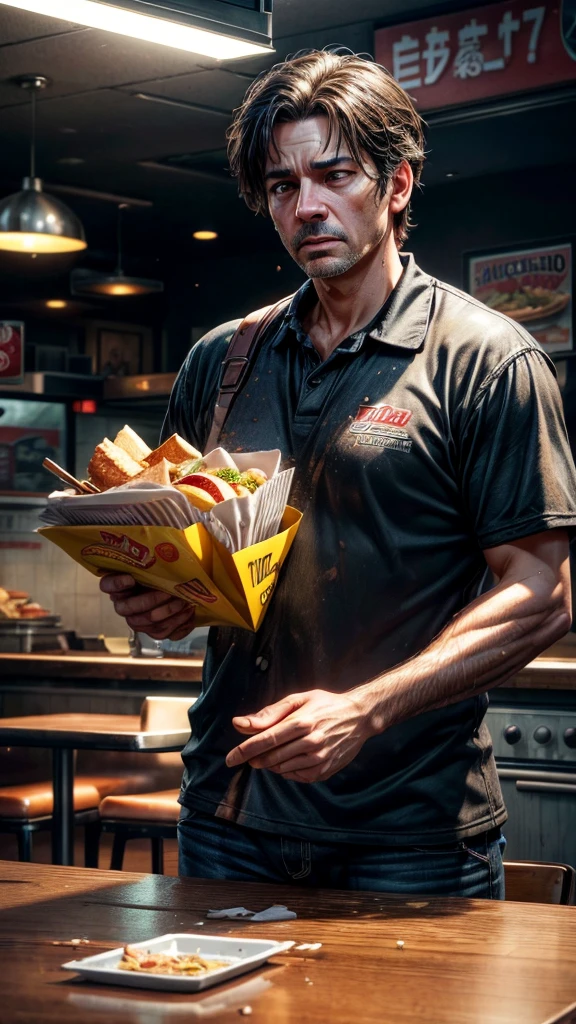 a middle-aged fast food restaurant employee, dropping the plates he was carrying, highly detailed, photorealistic, 8k, best quality, intricate details, vivid colors, dramatic lighting, realistic textures, impactful composition, emotional expression, surprised facial expression, dropping plates, fast food restaurant interior, greasy floor, chaotic scene, motion blur, dramatic shadow effects