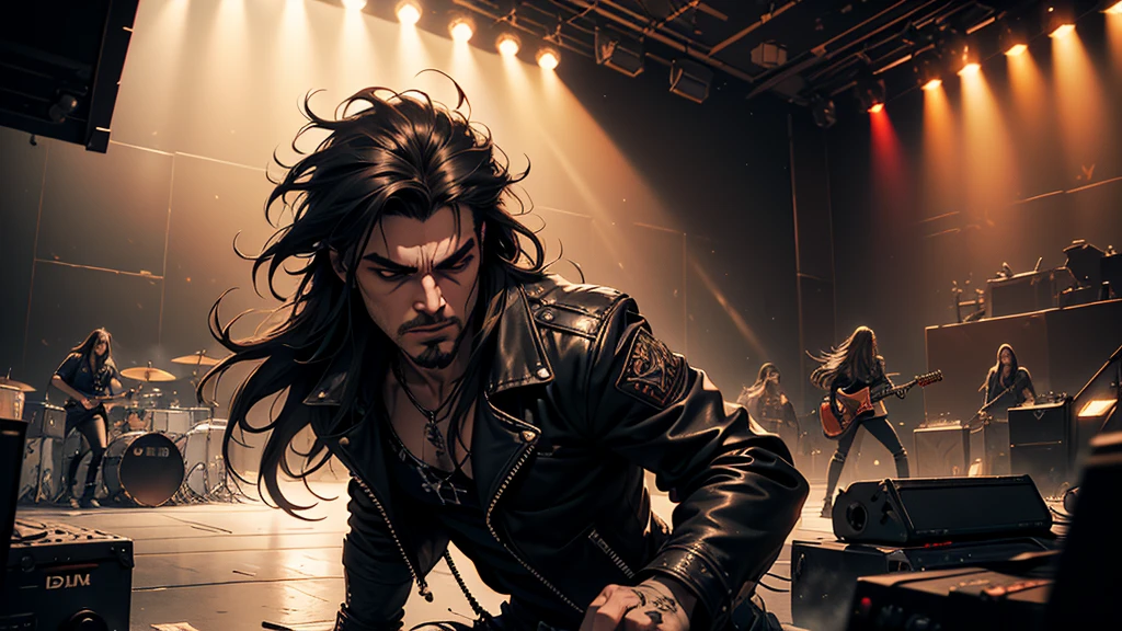 a heavy metal band performing on stage, gritty and intense, lead singer with long hair and leather jacket, guitarist shredding, drummer pounding the drums, dramatic fog and lighting, cinematic and high energy, dark and moody atmosphere, dynamic performance, intense guitar riffs, pounding drums, raw and powerful, masterful musicianship, (best quality,4k,8k,highres,masterpiece:1.2),ultra-detailed,(realistic,photorealistic,photo-realistic:1.37),cinematic lighting, dramatic shadows, hard rock, extreme metal, heavy metal concert, concert photography