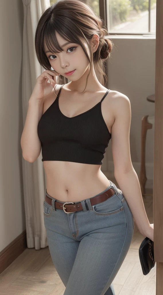 Pants, cowboy shooting, 1 girl, blonde hair, long hair, green eyes, alone, boots, Smile, navel,belt, split, rest,