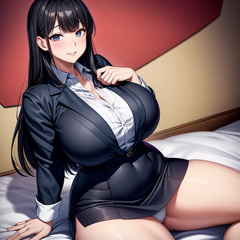 Top quality, masterpiece, beautiful face, fine eyes, fine skin, fine face, Female teacher, black hair, long hair, dark eyes, huge breasts, curvaceous, narrow waist, thighs, white business shirt, short black tight skirt, (spread legs:0.8), white panties, naughty smile