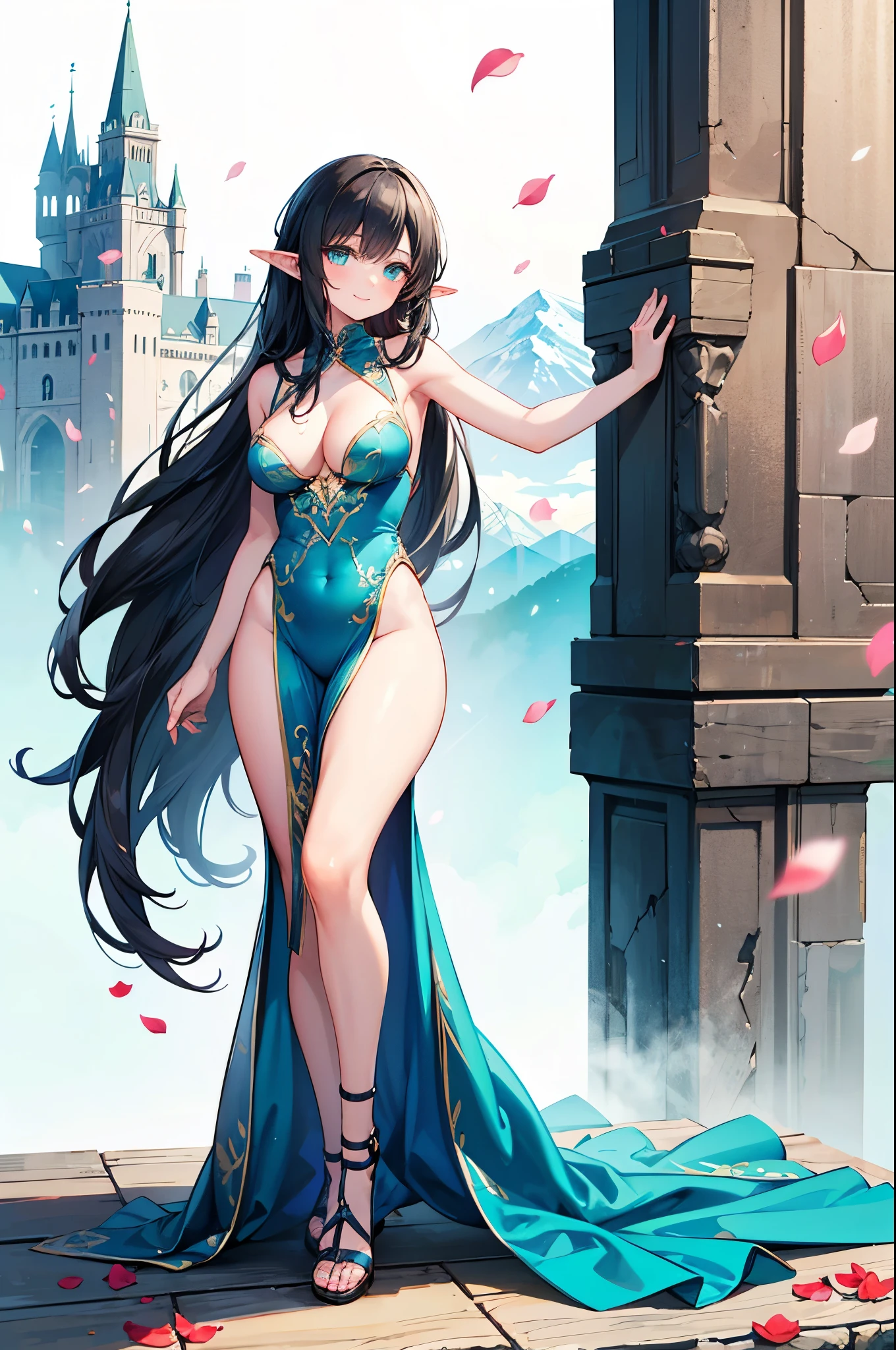 realistic image, detailed image, coherent image, 1 elf, has very long hair, black hair, turquoise eyes, smiling, She has a curvy body, medium breasts and thick thighs, She is posing sensually, arching her back, background of mountains, castle background, falling flower petals, full body view, soft focus, dramatic shadows, volumetric lighting, natural lighting, artificial lighting, white background,