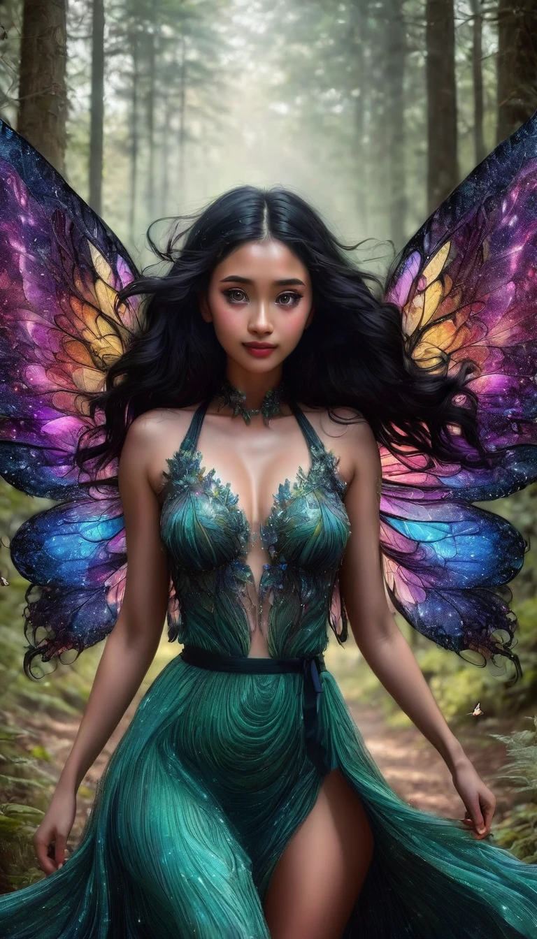 beautiful extreme tall fairy forest green clothes and eyes, large bright iridescent luminescent fairy wings, black full wavy curly wind blown hair, happy loving, on a forest trail in the deep woods illuminated by here ethereal magic and multitude of forest insects butterflies moths and sprite tracers, unity 8k wallpaper, ultra detailed, beautiful and aesthetic, masterpiece, best quality, cowboyshot, the most beautiful form of chaos, elegant, a brutalist designed, vivid colours, solo, solo, dramatic lighting, , Realist portrait of a inclusion of ( breathtaking ethereal RAW photo of female ((extremely realistic photo)), (professional photo), (cowboy shot:1.25). award-winning photography, hyperrealistic, raw photo, fuji velvia. , sexy pose, . TSUBAKIDEF, ((((Full body shot of stunning beauty woman)),8k