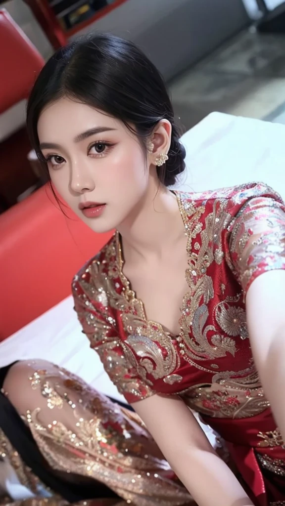 Highly detailed, high resolution, (realistic, realistic: 1.4), 8k, (best quality), physically based rendering, photorealistic photos, professional color grading, highest quality, wearing red kebaya, black hair, full body, beautiful face, slim body, body sexy, 24 year old female model, medium breasts, faint smile,