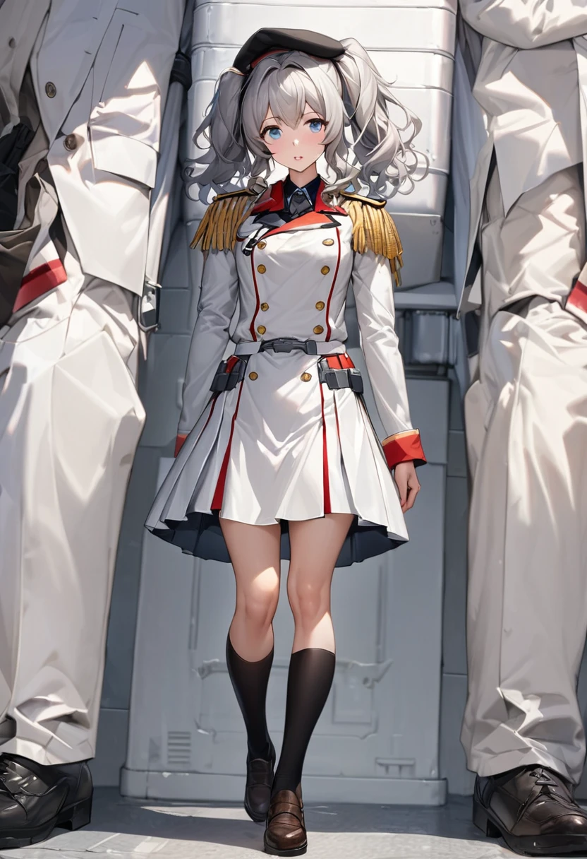 One young beautiful woman,(Highest quality,Extremely detailed depiction,Incredibly absurd high resolution,Anatomically accurate depiction), solo focus, (full body shot:1.1), (kashima /(kancolle/):1.2),Pleated skirt,Black knee-high socks,Blue Eyes,Details,Loosely wavy silver hair,Medium Hair,Black Beret,Outfitting,Twin tails,White formal uniform with epaulettes,Light pink lipstick,Part your lips,Stand on your side